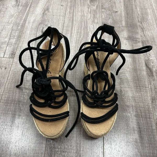 Free People Sandal Platform Wedge Espadrille Black Strappy Wrap Up Size 38 (8) - Image 2