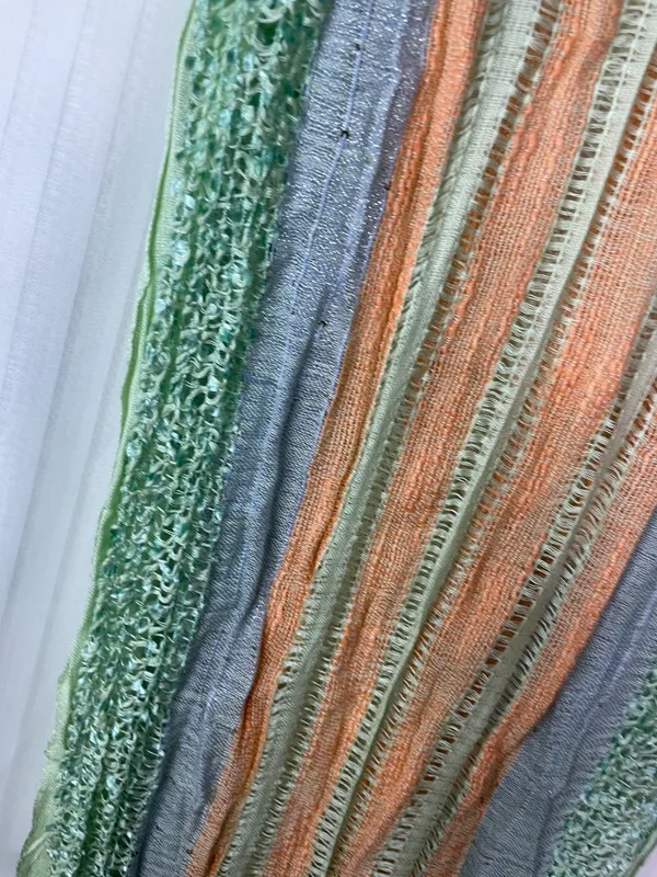 Charming Charlie Pastel Striped Knit Scarf Green Gray Peach Fringe Lightweight - Image 4