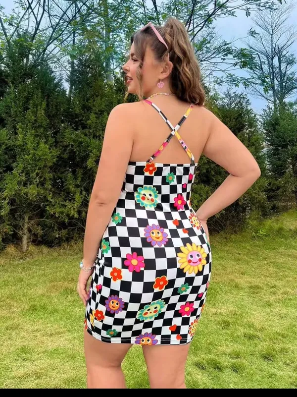 SHEIN Qutie Plus Size Black & White Gingham Dress With Flower Print XL - Image 2