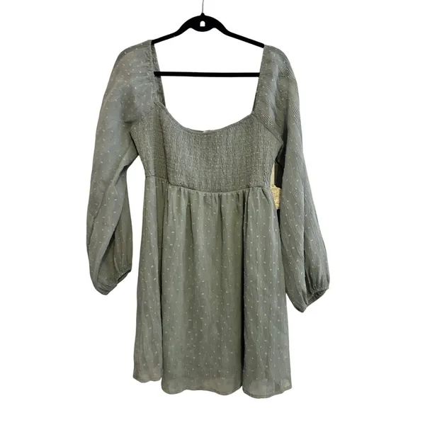 Altar'd State Mini Dress Swiss Dot Sage Green Smocked Long Sleeve NWT‎ Boho L - Image 2