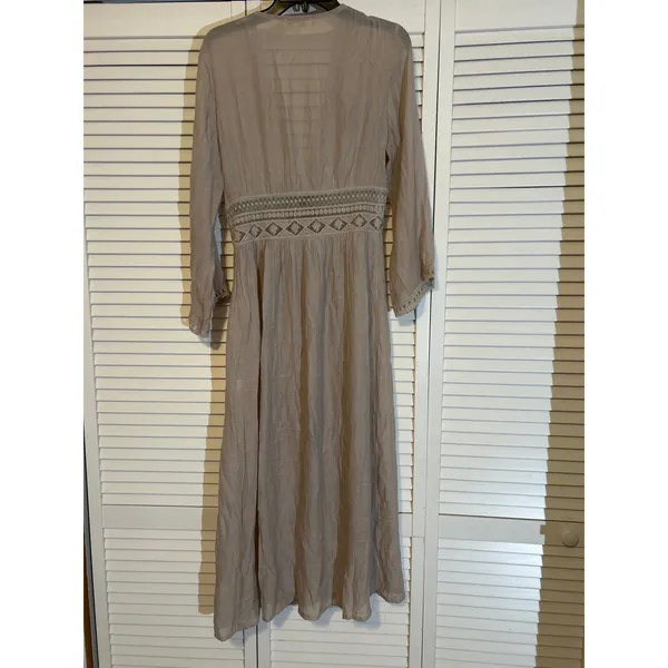 Rebellion Again Kimono Maxi Dress Beige Lace Trim Tie‎ Waist Long Sleeve size 2 - Image 4