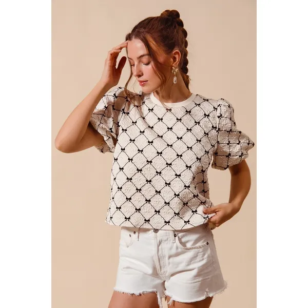 SO ME Bow Texture Woven Bubble‎ Sleeve Top - Ivory - Large - Image 7