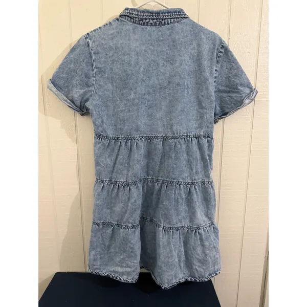 Womens Light Acid Wash Denim Tiered Short Sleeve Button Front Shirt Dress Small - Image 3
