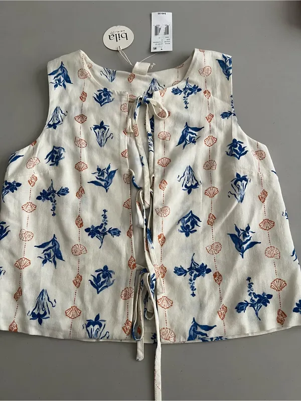 Bila Tie-Front Sleeveless Camisole - Cream & Blue - Image 2