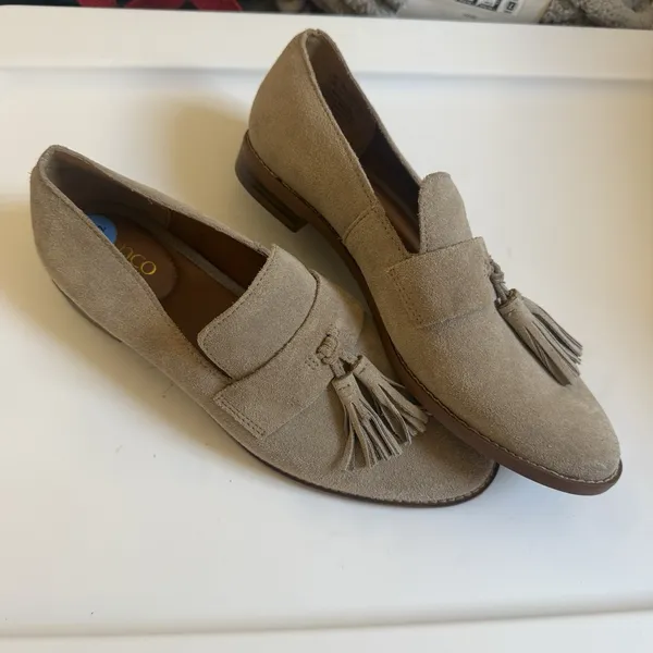 Franco Sarto Hadden Suede Taupe Loafers With Tassels Neutral Preppy Gray 7.5 - Image 10