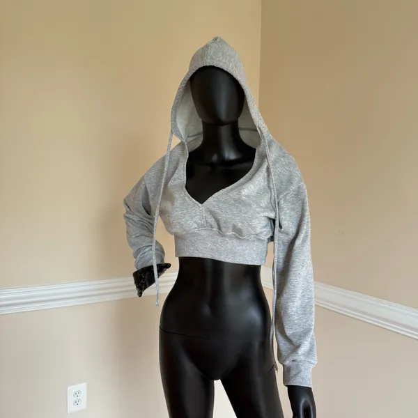 Crop Top Hoodie Sweatshirt Vneck Long Sleeve Top Tee Blouse Gym Sport Top Tshirt - Image 3