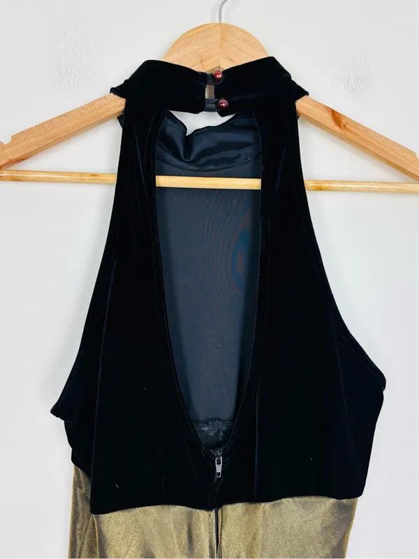 Vintage Roberta 90s Gold Lamé Bias Cut Velvet Halter Maxi Gown 9/10 - Image 5