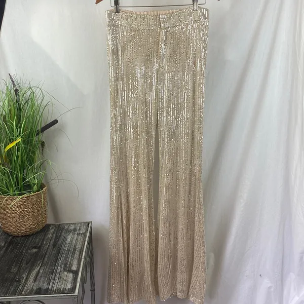 Impressions Sequins Tan & Gold Palazzo Flair Hem Pants L - Image 3