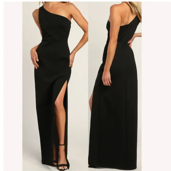 LULU'S Good Times Only Dress Small Maxi Black Bodycon One Shoulder NEW High Slit - Image 2