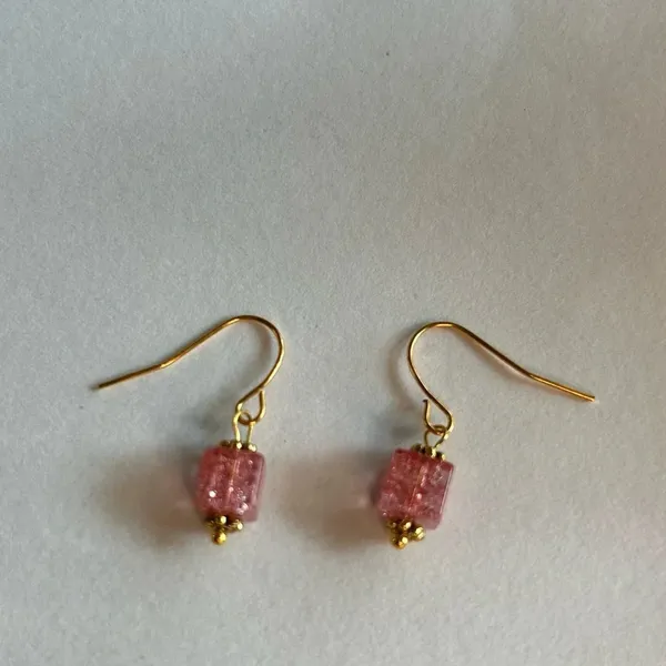 3/$20 Pink Red Square Crystal Ornate Gold Plated Dangling Drop Earrings - Image 2