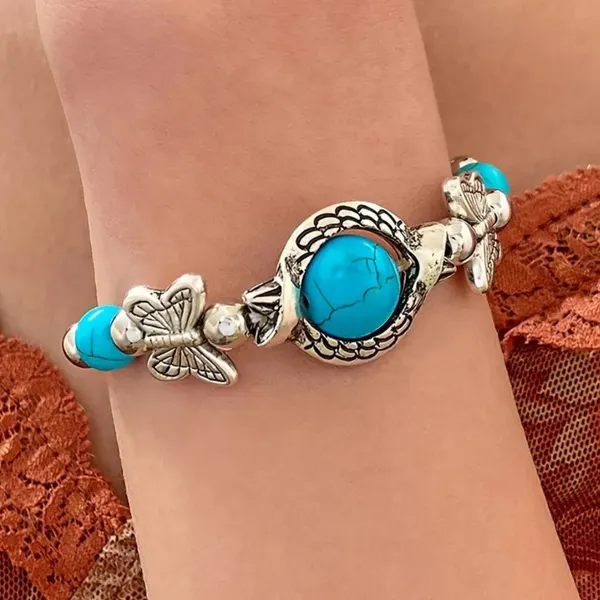 BJ-Bohemian Jewels Turquoise Bangle Engraved Butterfly Statement Piece - Image 3