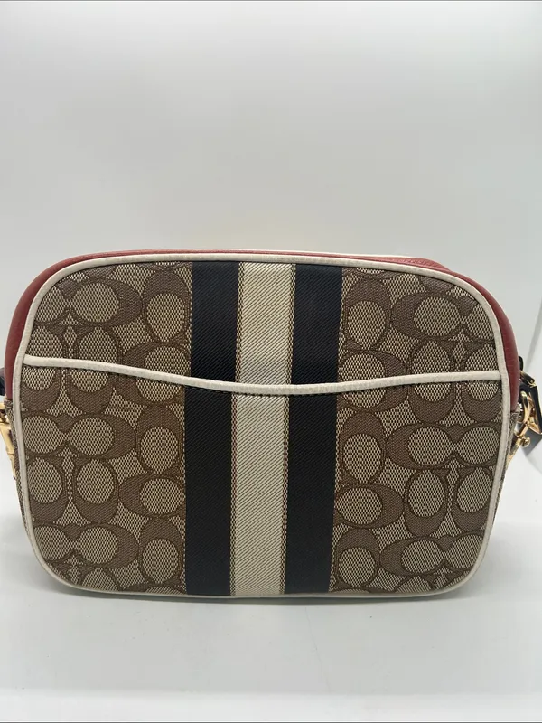 Coach Dempsey Camera Bag Brown Signature Jacquard Orange Logo Patch and Stripes - Image 2