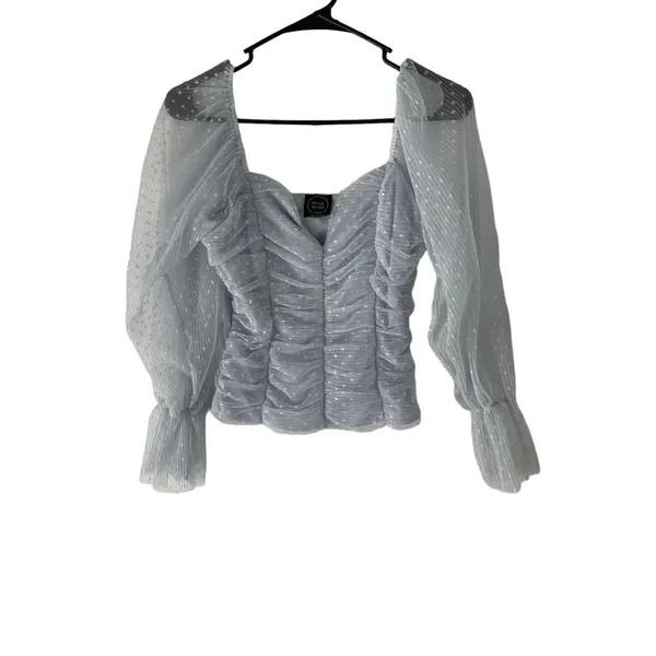 Madi Mase Women's Size Small Light‎ Blue Swiss Dot Lace Puff Sleeves Top - Image 2