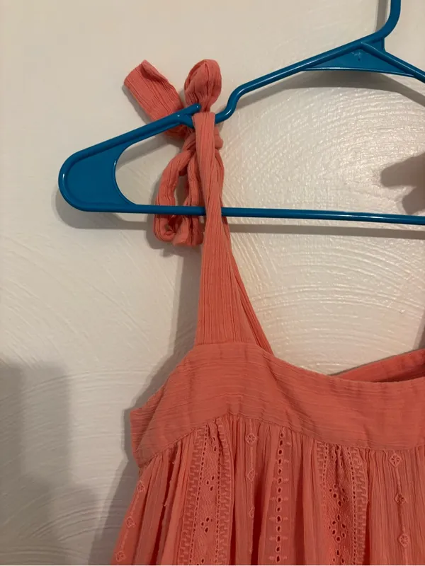 Sézane Paris Coral Tiered Eyelet Mini Dress Size 34 XS Tie Shoulder Ruffle - Image 6