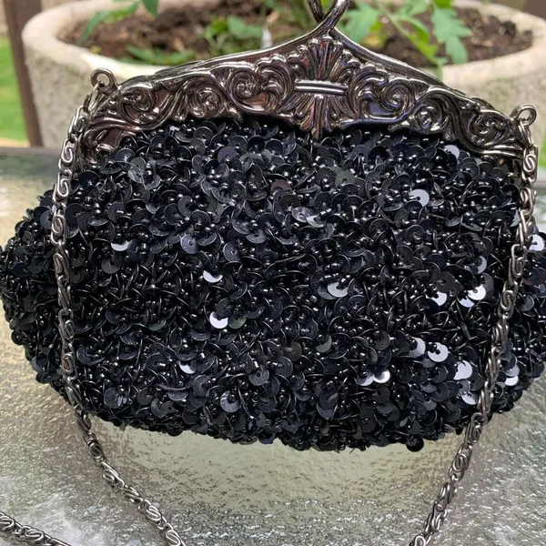 VINTAGE INSPIRED BEADED SEQUINED CLUTCH Black Purse Huffa Formal - Image 2