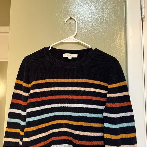 Loft Womens Size Large Crewneck Sweater Navy Blue Multicolor Stripes 100% Cotton - Image 4