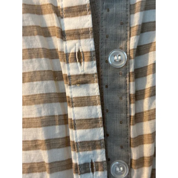 Grand & Greene Tan White Striped Cotton Button Down Shirt Mandarin Collar Small - Image 2