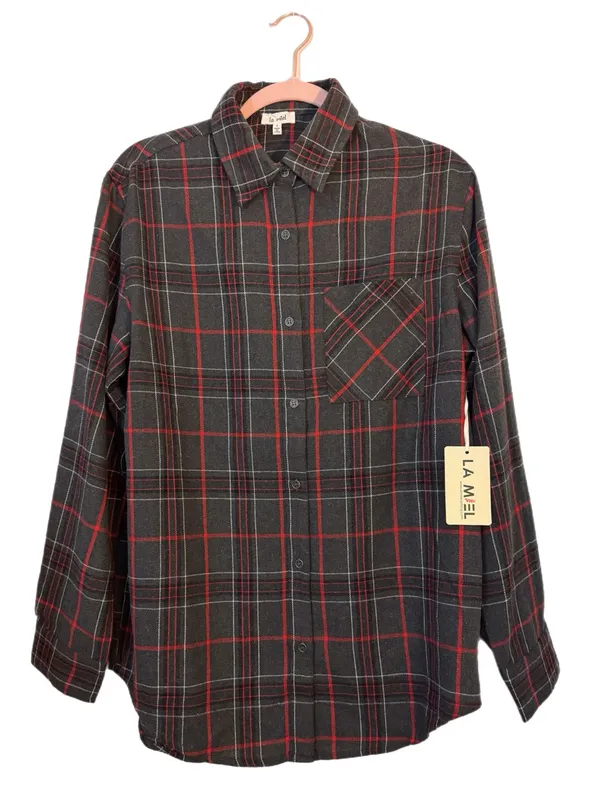 La Miel Plaid Oversized Shirt Gray Red Button Front Long Sleeve Top Small NWT - Image 9