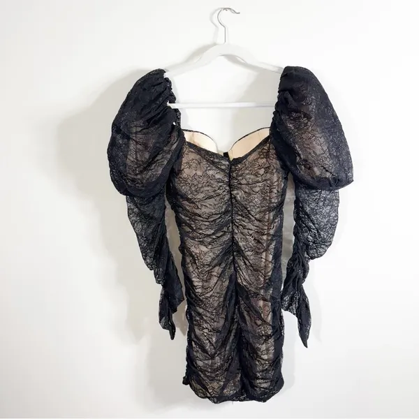 Oh Polly Tell Me More Black Lace Ruched Mini Dress Long Sleeve Puff Shoulders 8 - Image 3