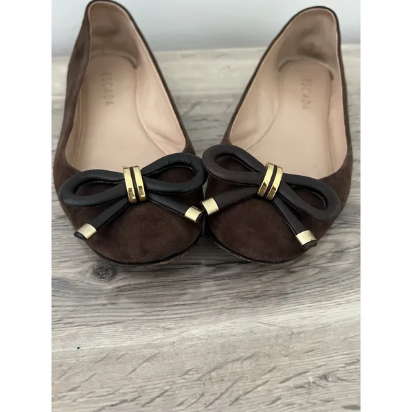 Escada Brown Suede Bow Ballets Flats Gold 37.5 Size 7.5 - Image 3