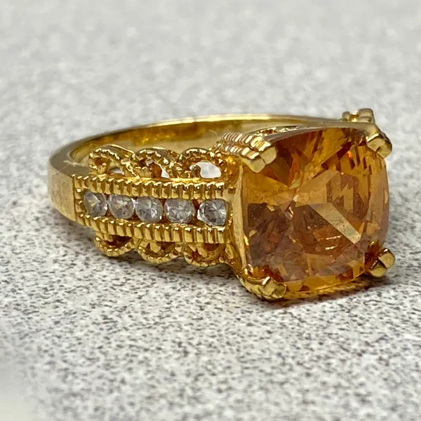 Vintage Sparkling Orange Cushion Cut Gold Pleated Sterling Silver Ring Size 8.75 - Image 3