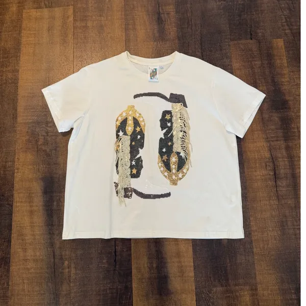 Queen of Sparkle Cowboy Boot Fringe Rhinestone Graphic Tee Cream Small - Image 9