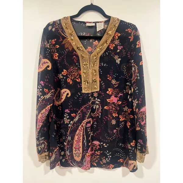 White Stag Y2K Sheer Paisley Floral Beaded Tunic Blouse Top M - Image 2