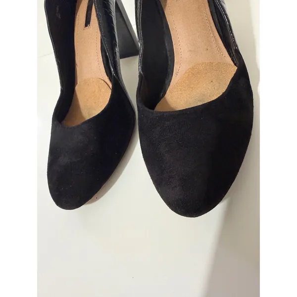 Tahari Elvira Size 8M‎ Black Suede Croc Embossed Block Heel Pumps Pointed Toe - Image 11