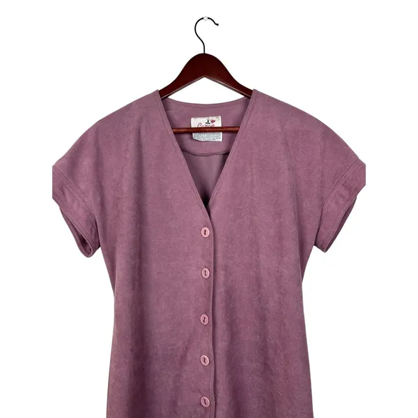 Caron Midi Dress Women 10 Mauve Purple Faux Suede Button Front Vintage V-Neck‎ - Image 2