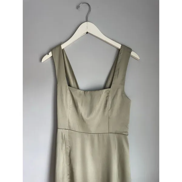 Show me Your Mumu Claire Midi Bridemaids Dress Moss Green Luxe Satin Waist Tie M - Image 7