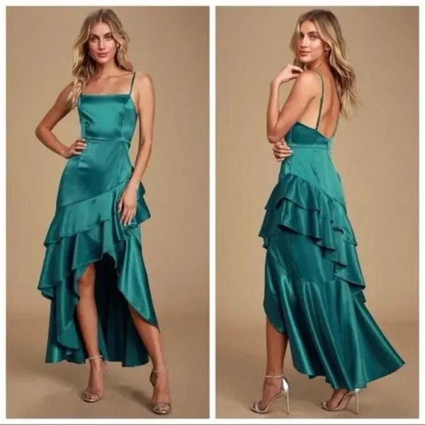 Lulus Yori Teal Green Satin‎ Ruffled High-Low Maxi Dress medium - Image 2