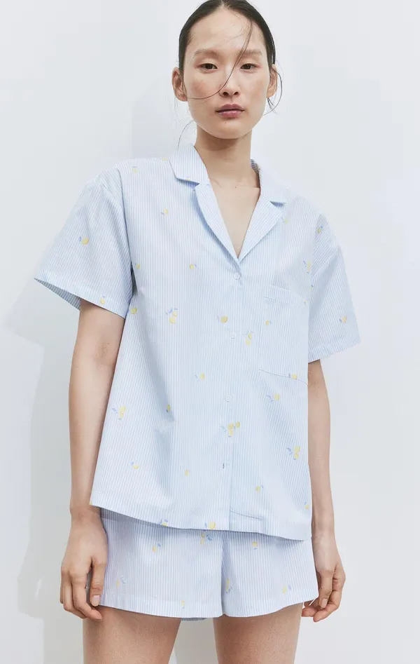 H&M Blue White Striped Shirt and Shorts Lemon Print Pattern Set - Image 2