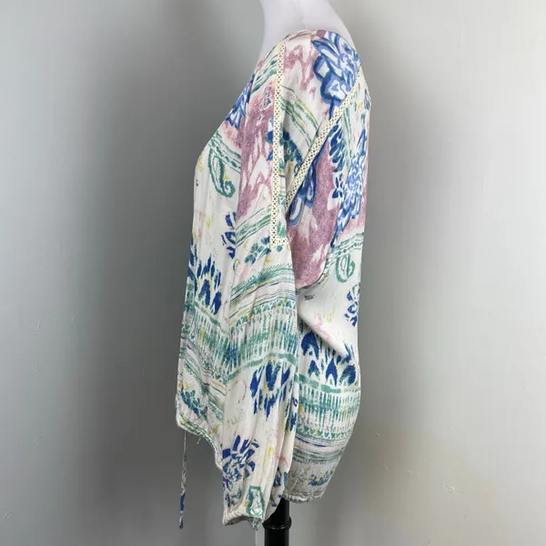 O'Neill Pastel Watercolor Floral Tie Front Boho Scoop Neck Peasant Blouse XL - Image 6