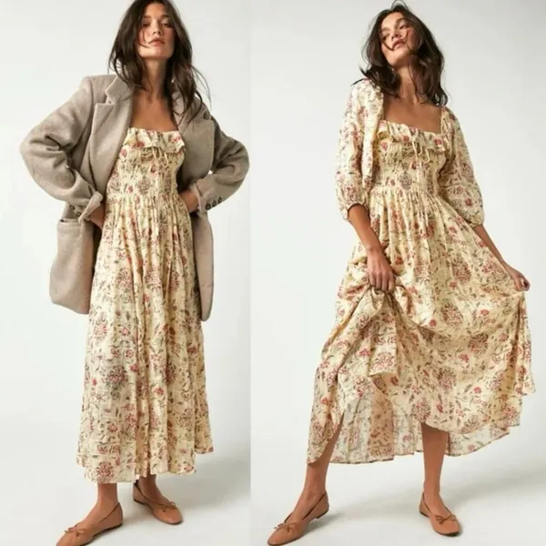 Free People Dainty Ethereal Cottage Oasis Floral Midi Dress Ivory Medium - Image 3