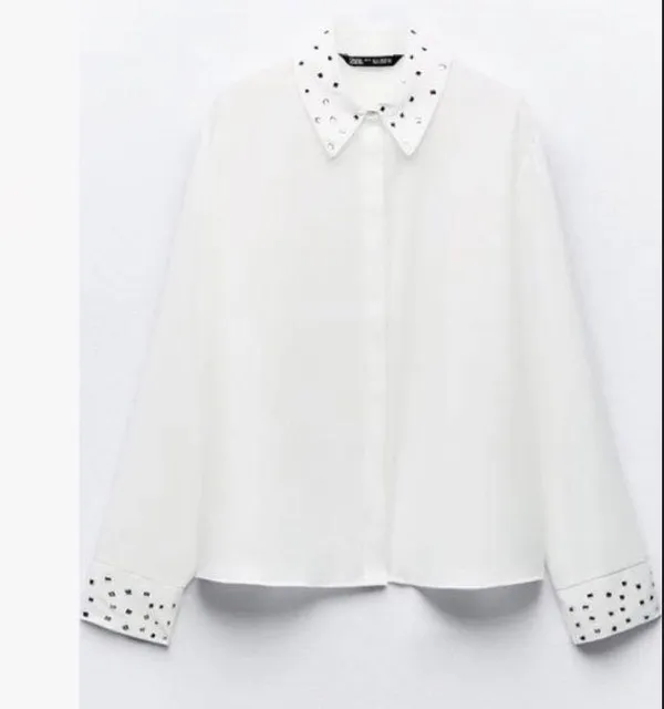 NWT ZARA Embellished Long Sleeve Chiffon Button Up Shirt White Medium - Image 3