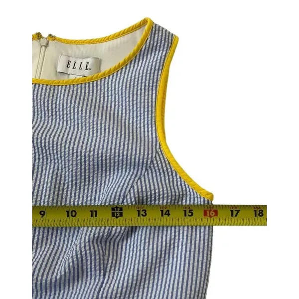 Elle Women Size Small Fit & Flare Seersucker Dress Blue Yellow Pleated | 21-917 - Image 8