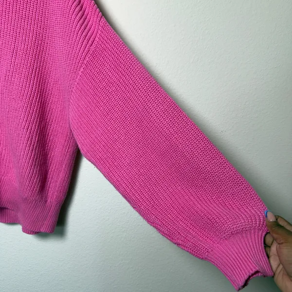 LOFT Women 100% Cotton Cardigan Sweater XL‎ Pink Front Balloon Sleeve Chunky - Image 5