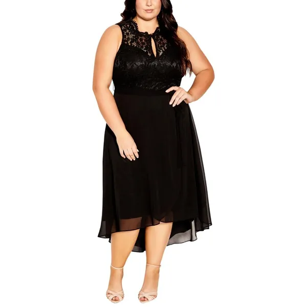 City Chic Womens Trendy Plus Size High-Low Keyhole Belted Lace Dress Black 18W - Image 7