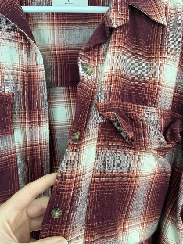 Abercrombie & Fitch Burgundy& Cream Plaid Crop Button Down Shirt - Image 7