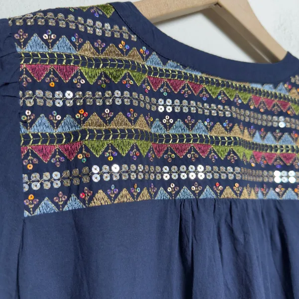 Pomander Place Womens‎ 100% Cotton Kenzo Dress M Navy Embroidered Sequin Tiered - Image 9