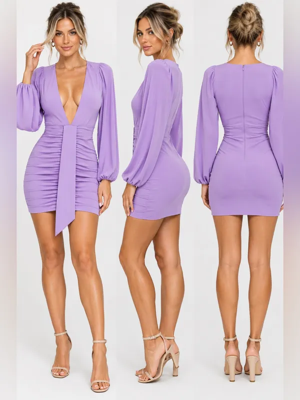 Saints + Secrets Purple Paradise Plunge Ruched Bodycon Mini Dress Large NWT - Image 2