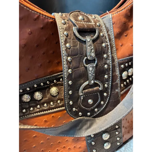 Western Ostrich Croc Embossed Studded Hobo Shoulder Bag Cognac Brown Horsebit‎ - Image 14
