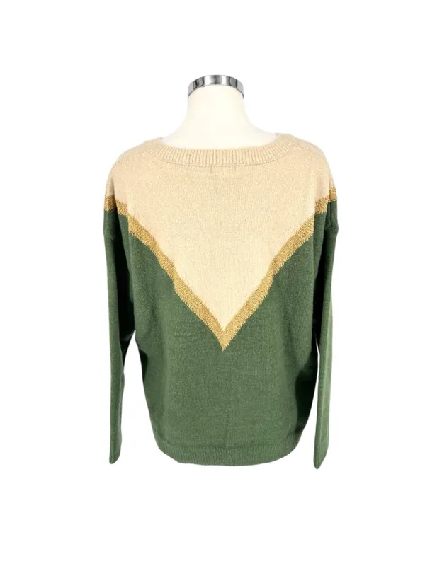 Aaron & Amber Chevron V-Neck Sweater Cabincore 70s Retro Beige Gold Green Medium - Image 7