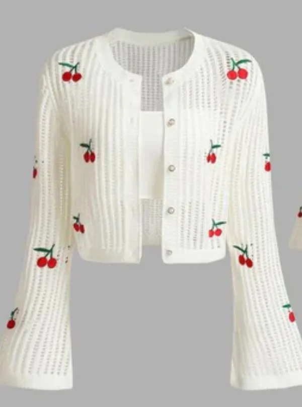 NWT Yozy Cherry Embroidered White Sweater Size L - Image 2