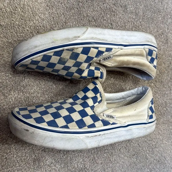 Vans Blue White Checkered Print Slip On Sneakers Size 6.5 - Image 3