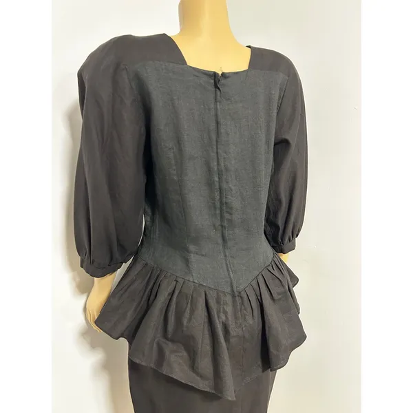Vintage Moonglow Black Ramie Cotton Peplum Dress Floral Eyelet Embroidered L - Image 5
