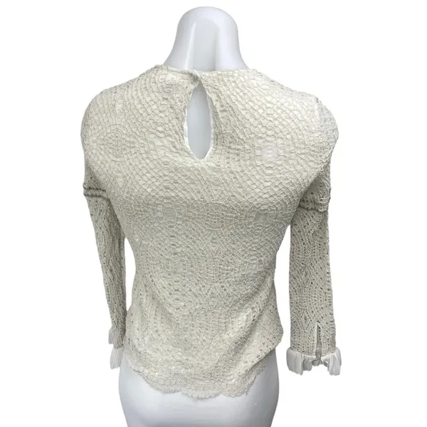 Massimo Dutti White Embroidered Mesh Ruffle Crew Long Sleeve Blouse Top Size 6 - Image 2