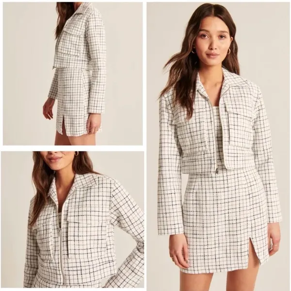 Abercrombie & Fitch Full Zip Up Cropped Tweed Plaid Squares Shirt Jacket Sz L - Image 2