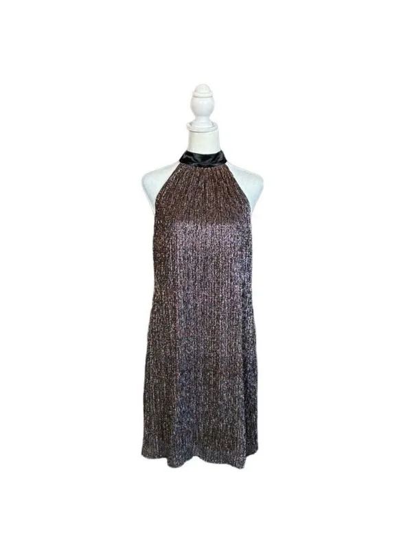 Laundry by Shelli Segal Metalli Gold Shimmer & Black Satin Bow Halter Mini DSz 6 - Image 3