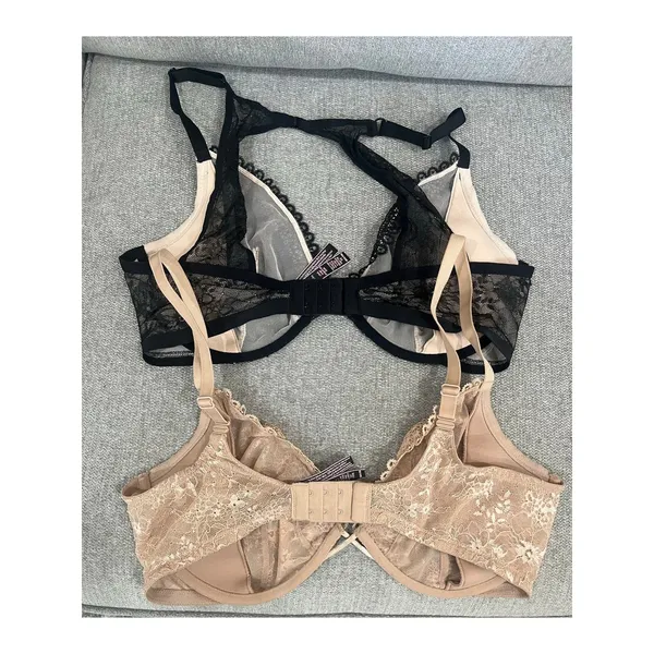 Victoria Secret Set of‎ 2 Unlined Plunge Lace Bra Black & Tan Lingerie 38DD - Image 4